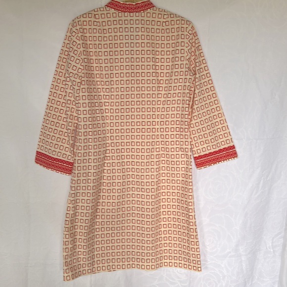 TORY BURCH orange, red, cream square printed mini dress w/3/4 sleeves. Size 2 - Picture 5 of 13